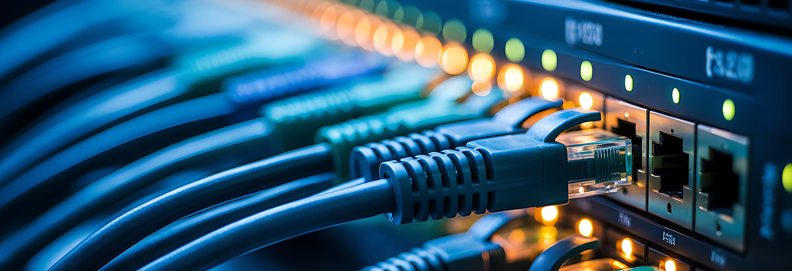 Nahaufnahme eines Netzwerk-Switches mit mehreren angeschlossenen Ethernet-Kabeln und leuchtenden Status-LEDs in einem Server- oder Technikraum.