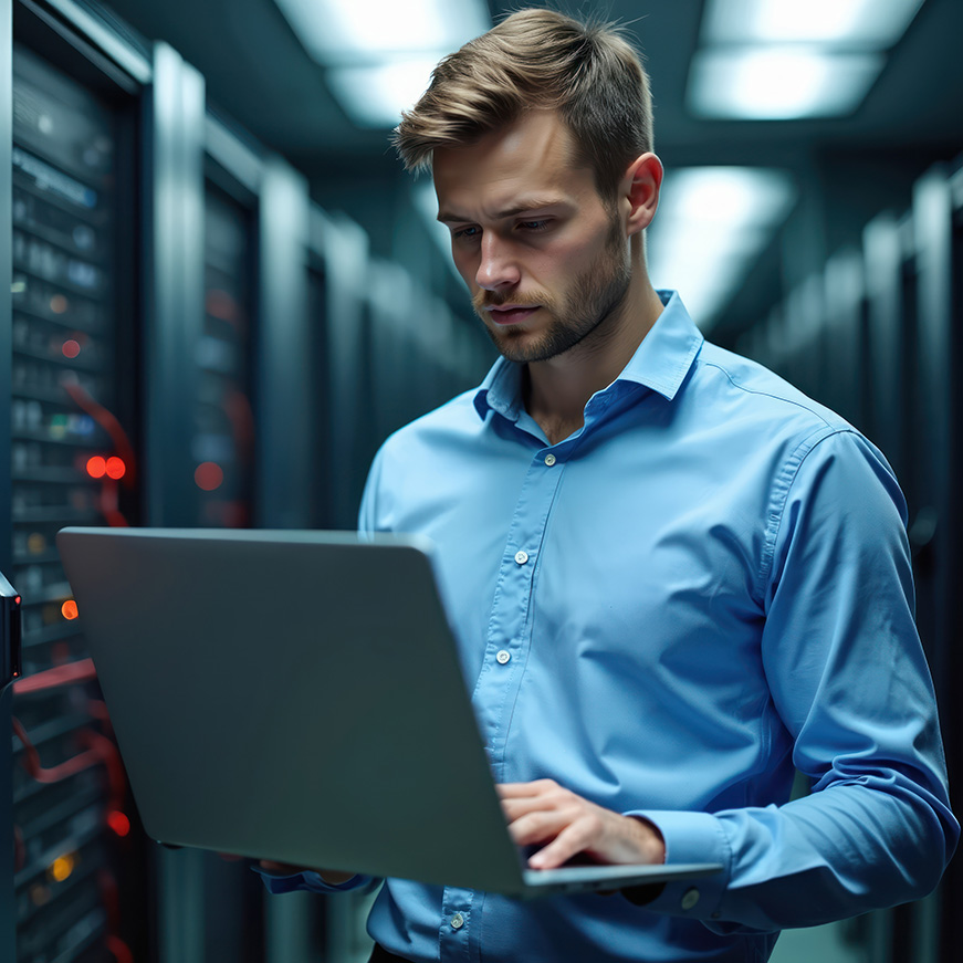 IT-Mitarbeiter arbeitet mit Laptop in einem Serverraum